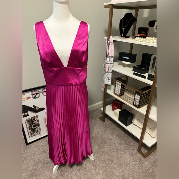 Amsale Deep Plunge Front & Back Midi Dress Pleated Skirt Bright Pink 16 NWT - Picture 5 of 12